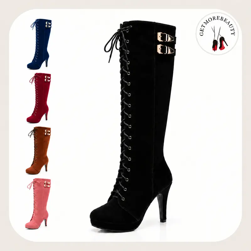 getmorebeauty Women's Wide Calf Knee-High Suede Boots - 3.15 in Heels, Buckle, Rock Lace-Up, Zip, PU Leather, Chic Retro Style, Customized Fit, Rubber Sole, Durable Soft Footwear, Crystal Accents, Luxurious Design