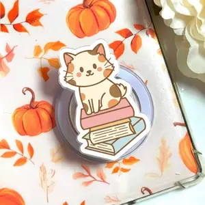 Books and Cats Phone Grip, Aesthetic Reading Cat Magsafe Holder for Kindle, Cute Bookish Kitten eReader Kickstand, Cozy Book Lover Gift for Her