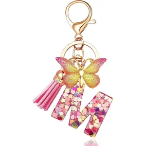 Initial letter Keychains for Women Tassel Butterfly Pink Purple Cute Car Keychain for Wallet Backpack bag charm