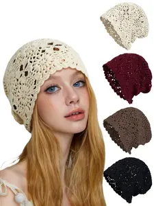 Elegant Girls' Headscarf Hat, Knit Hats, Floral Hollow Out Thickened Four-Season Cap, Artistic Face-Hiding Knit Beanie, Perfect for All Seasons, Knitting Beanie, Knitted Hat