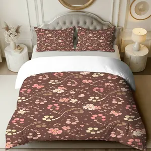 3PCS Duvet Cover Set, 1 Duvet+2 Pillowcases(Without filler), Floral Heart Butterfly Pink Brown theme, Spring bedding set, Soft Floral Pattern Suitable for decoration Bedroom, Guest Room, Dorm, Apartment.