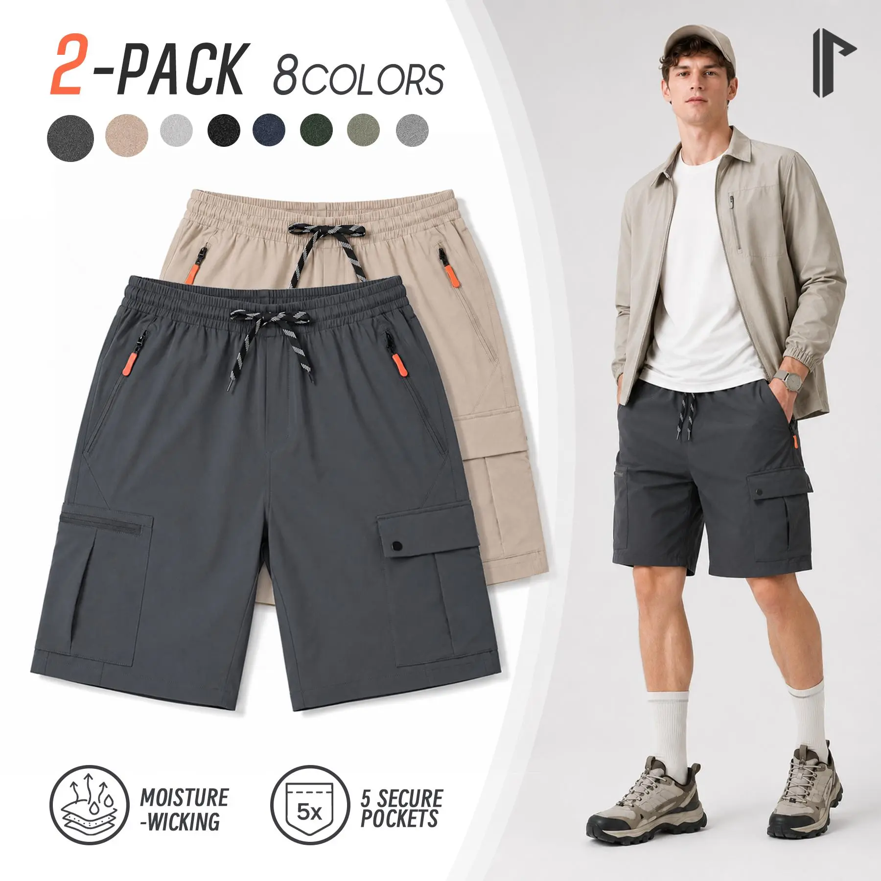 2 Pack Men’s Cargo Hiking Shorts Quick Dry Lightweight Stretch Athletic Shorts for Men with Zipper Pockets Elastic Waist Casual Outdoor Fishing Gym Running Travel Tactical Cargo Shorts Breathable Summer Multi Pocket Shorts No Lining Trouser