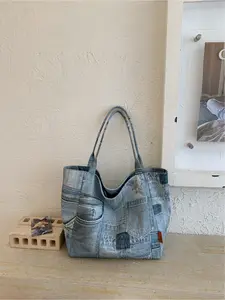 Large capacity patchwork denim tote bag, casual trendy shoulder bag, retro street style, simple hand-held armpit bag, shopping bag