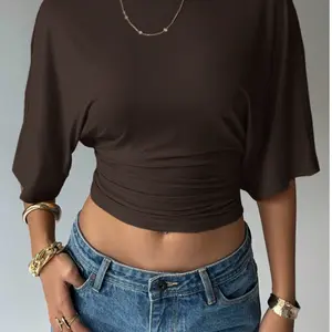 Women’s Pleated Batwing Sleeve Cropped T-Shirt – Round Neck Loose Fit Top, Casual Chic Summer Outfit