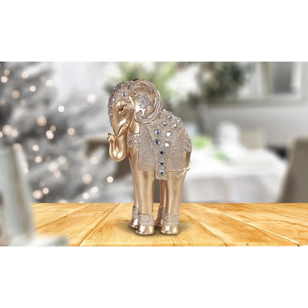 9.5"H Standing Long Legged Elephant with Gem Statue Slim Elephant in Gold and Silver Feng Shui Decoration Figurine