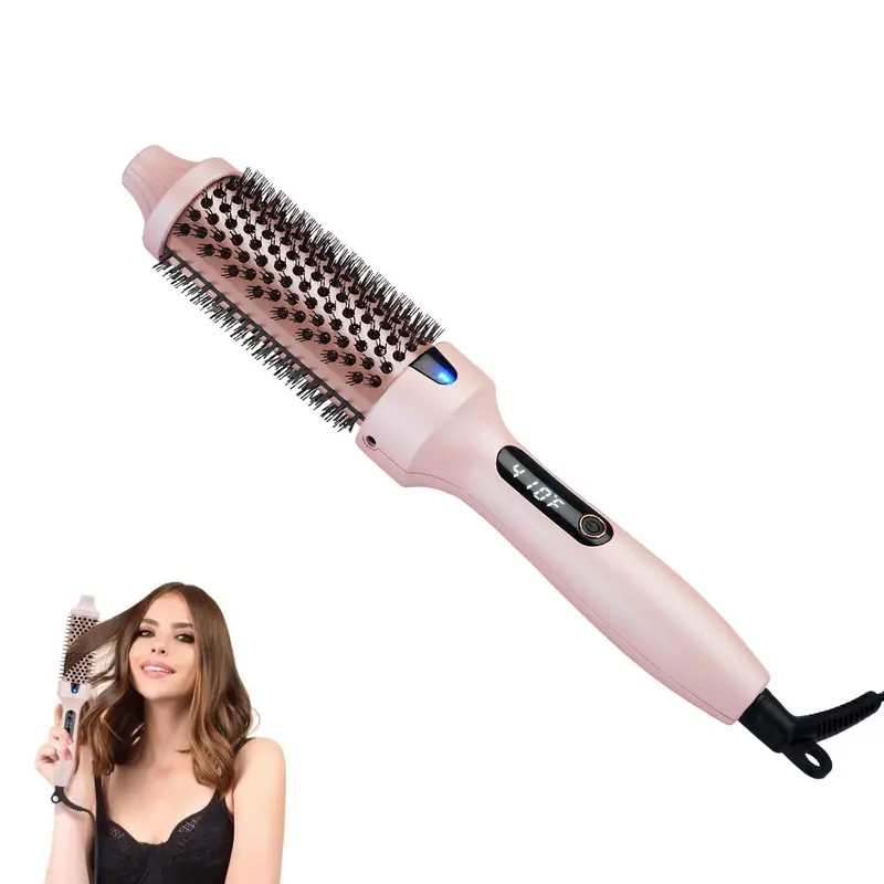 Pink Thermal Hair Brush for Camping Essentials - Hair Accessories, Curling Iron, 310℉-410℉ Adjustable Temp, LED Display, Negative Ions, Less Damage, Easy Glide-Through, Frizz Reduction, Aids in Wrapping (Not a Blowdryer)