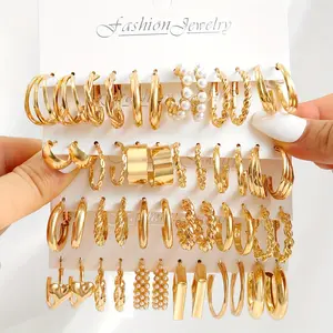 24 Pairs Fashion Jewelry Gifts Set, Creative Simple Geometric & Faux Pearl Hoop Earrings Set, Minimalist Style Studs And Hoop For Daily Casual And Formal Wear Jewelry