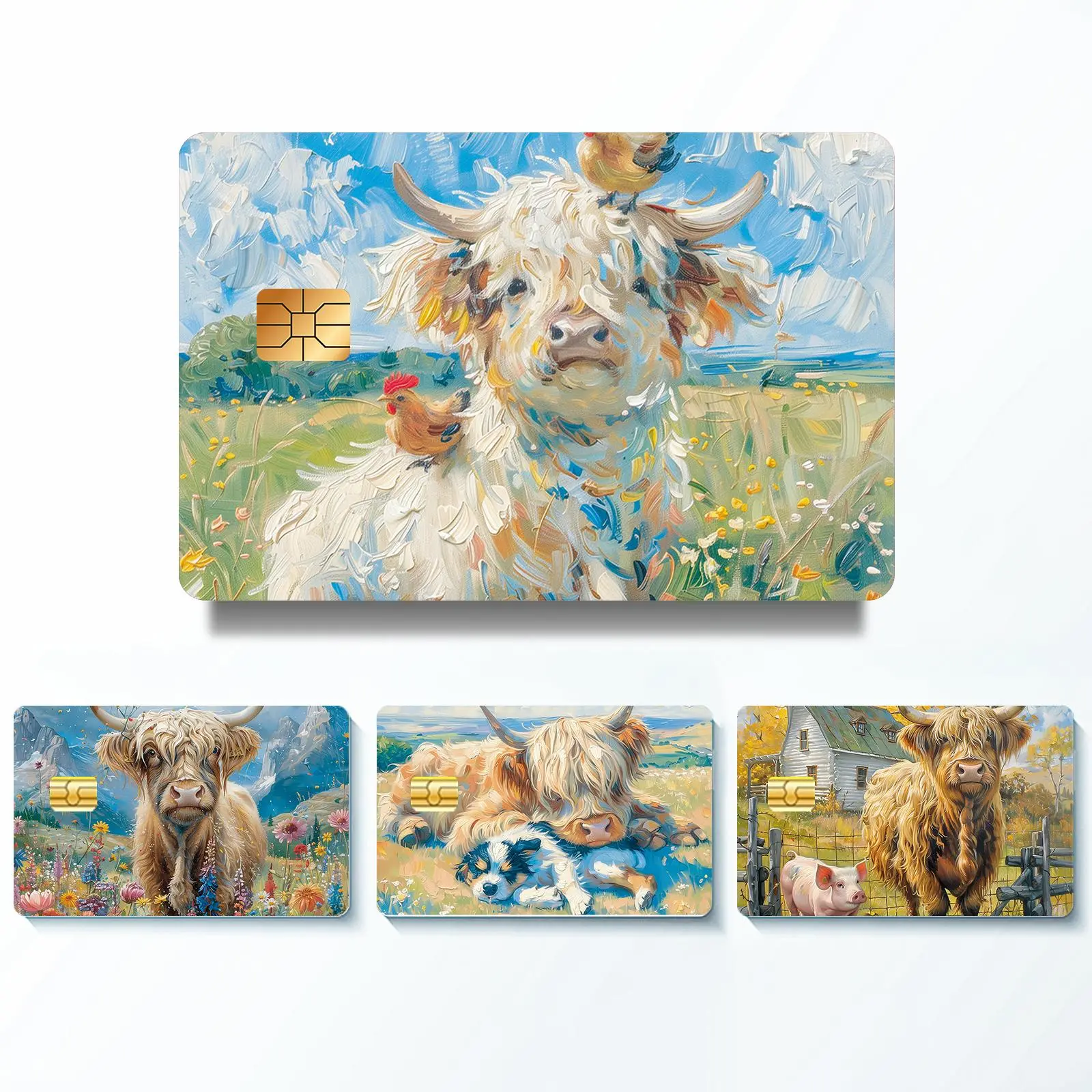 Highland Cow Pattern Credit Card Skin Sticker Packs, 4 Counts/set Includes Sticker Thin Waterproof & Scratch Resistant No Residue Sticker, Personalized Bank Card Skin Protector, Customizable Stickers