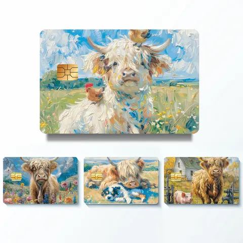 Highland Cow Pattern Credit Card Skin Sticker Packs, 4 Counts/set Includes Sticker Thin Waterproof & Scratch Resistant No Residue Sticker, Personalized Bank Card Skin Protector, Customizable Stickers