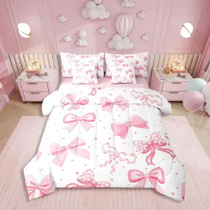 Bow 7 Piece Bedding Set Twin Size,Bowknot Bed in a Bag,Pink Cartoon Bows Bed Set Includes Comforter, Sheet Set, Pillowcases & Pillow Covers All Season Bedroom