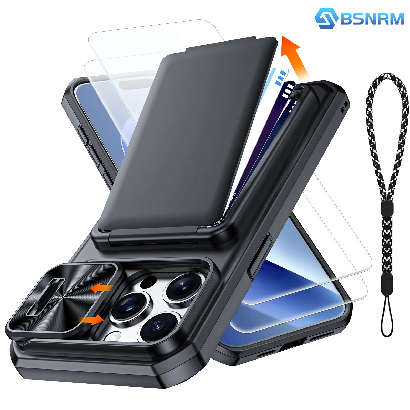 BSNRM For iPhone 17/16/15 Pro Max Wallet Case, RFID Blocking Card Holder Phone Case Holds 3-5 Cards, Shockproof Cover with Screen Protector, Camera Cover for Travel Work Commute