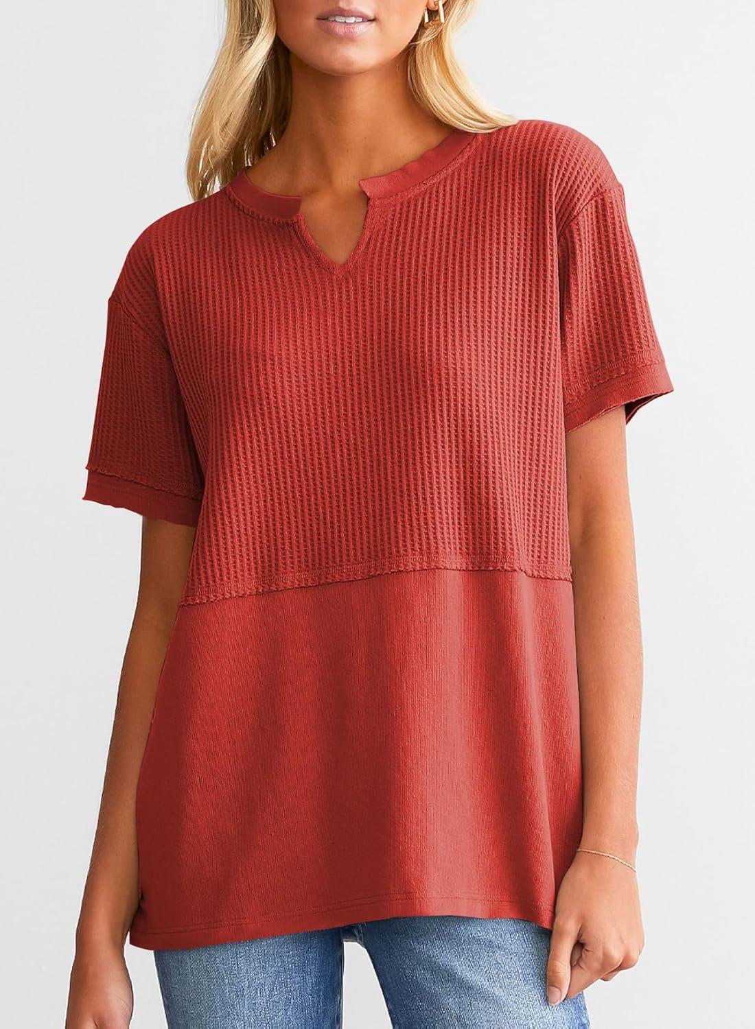 Women's Loose Fit Waffle Knit Splice V-Neck Top | Casual Trendy Short Sleeve Shirt.