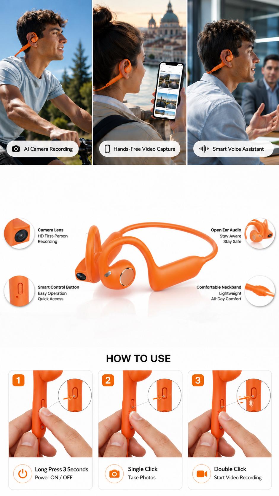DIOSONIC New AI Smart Camera Open-Ear Earphones, Bluetooth 5.3 Wireless Chargeable Earbuds with 8MP Camera, 1080P Video, Wi-Fi Sync, IP54 Rated, Magnetic Charging, Audio, Recording, Instant Connection for Cycling, Outdoor Sports