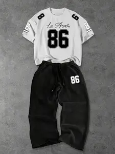 Men's Casual Loose-Fit Two-Piece Set, Short Sleeve Print T-Shirt & Wide-Leg Pants, Breathable Streetwear for All Seasons