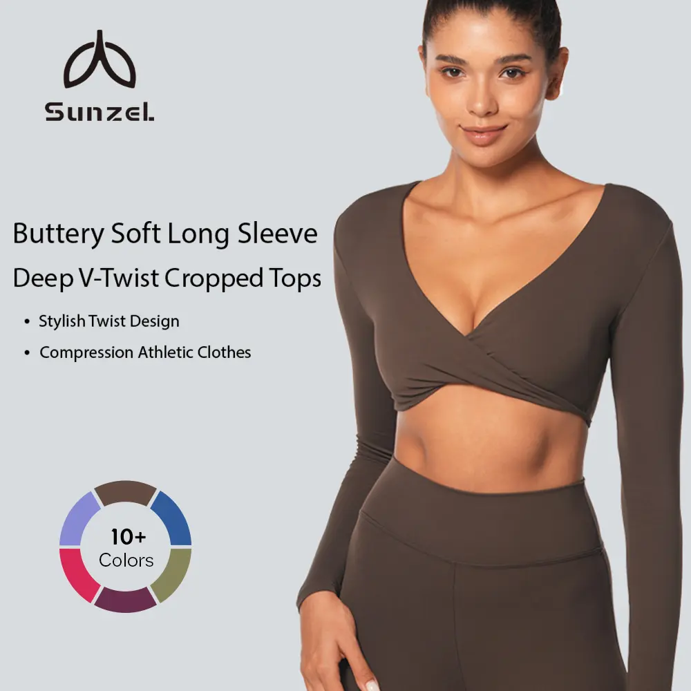 Sunzel Women's Deep V Twist Cropped Full Sleeves Compression Athletic Top - Buttery Soft Minimalist Basic, Fitness Apparel for Yoga, Casual Workout Tops, Cropped Cut, Deep V Neck, Fitted