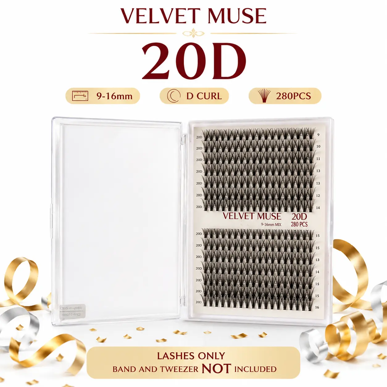 VELVET MUSE Cluster Lashes 20D/ 40D/ 60D/ 80D, Individual Lash Clusters, D Curl DIY Lash Extensions, Natural-Looking ,252-280pcs , 9-16MM Mixed Length , Soft lightweight