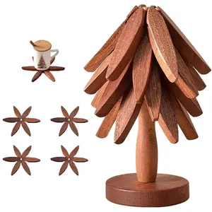 1 set of solid wood tree shaped insulation pads, with 5 detachable wooden coasters and 1 base, Nordic wood style, suitable for home kitchens, restaurants, cafes, gift giving