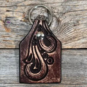 Floral Tooled Cow Tag Leather Key Chain