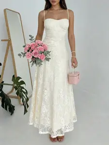 Women's Ivory White Lightweight Lace Maxi Dress, Chic Fitted Thin Strap Sweetheart Neck A-Line Floral Lace Dress, Ideal for Romantic Vacations, Island Travel, Formal Dinners, Cocktail Parties, Proms, Anniversaries, Birthday Banquets & Soft Dating Looks