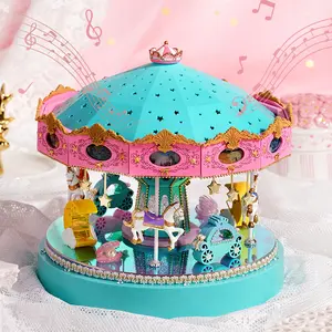 Mini Dollhouse Kit DIY Mini Wood Furniture Set with LED Light Music Box Dream Rotating Horse Craft Creative Gift, Book Nook Kit, 3D Wooden Puzzle