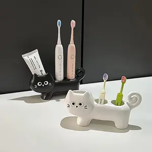 Creative funny cat-shaped toothbrush holder, ceramic shelf base for bathroom, suitable for toothbrushes, space-saving table storage, Bathroom accessory
