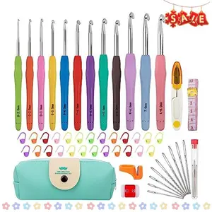MECHEER Crochet Hooks 12 Sizes Crochet Hook Set, 51 Pack Yarn Crochet Kit for Beginners, Knitting Needles with Ergonomic Handles for Arthritic Hands, Crochet Needle Kit with Blue Case for Crocheters