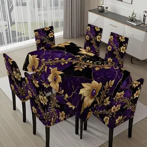 5/7-piece 2D Flat Printing Purple Black Golden Leaf Pattern Printing Pattern Tablecloth and Chair Cover Set, for dining table and chair decoration, perfect for home, holiday gatherings, restaurants, and parties, Chair Covers Set