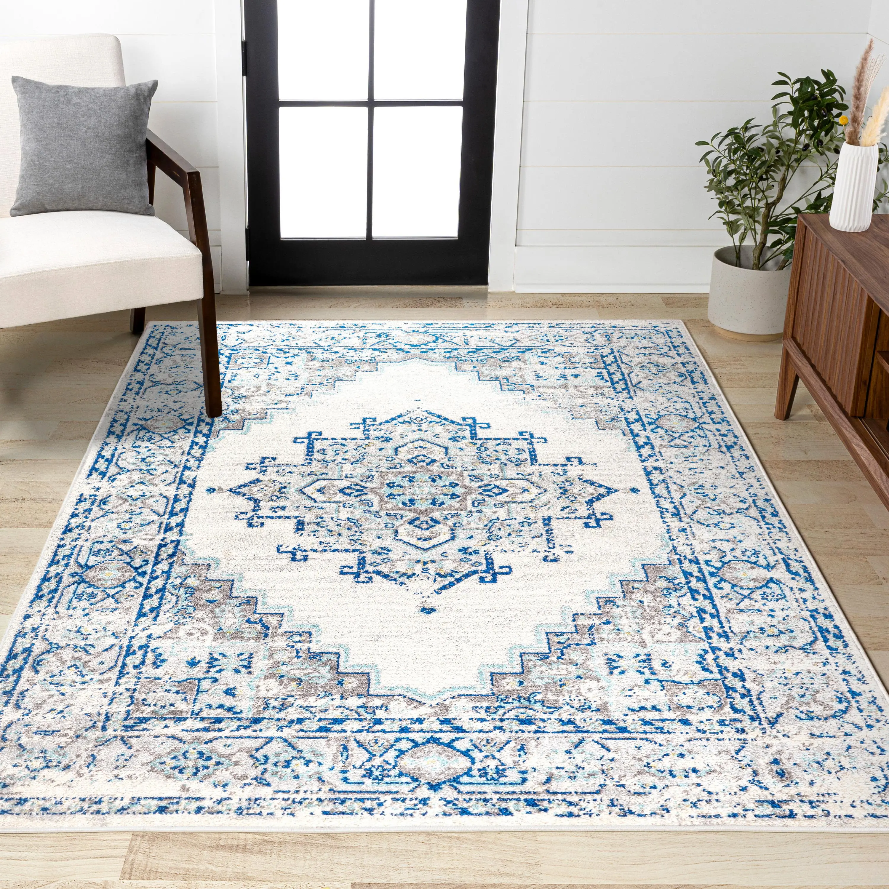 JONATHAN Y Inigo Polypropylene Easy-Care Fiber Boho Area Rug - Ivory+Blue Geometric Tribal Cottage Medallion Modern Indoor Rug for Living Room, Bedroom, House Decor; Easy to Vacuum or Sweep