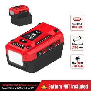 Azocek 140W PD 3.1 Bidirectional Fast Charger for Milwaukee 18V Battery, 2-in-1 USB Adapter & Portable Power Station with Smart LED Display, Triple Ports & 5-Mode Emergency Work Light (Battery Not Included)