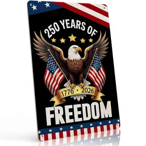 250 Years of Freedom 1776–2026 Patriotic Metal Sign 8*12 Inch – Bald Eagle American Flag Wall Decor, Vintage Independence Day Tin Sign for Man Cave, Garage, Entryway, 4th of July Gift for Patriots & Veterans
