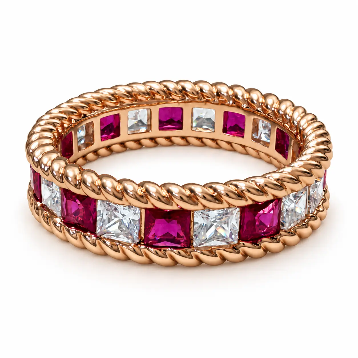 Band Ring, Vintage-Inspired with Pink and Clear Stones, for Birthday Gifting, Distinctive Rope Border