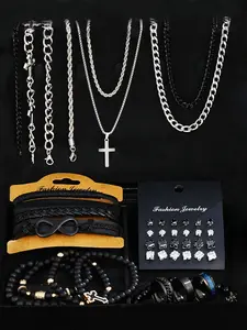 Men's Stainless Steel Fashion Jewelry Set, Geometric Pattern Cross Necklace Bracelet, Casual Daily Wear Accessories, Perfect Gift for All Seasons