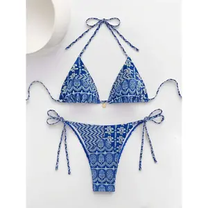 Two-piece Set  holiday Women's Sexy All Over Print Halter Neckline Bikini, Sexy Tie Back Halter Triangle Swim Top & Tie Side Swim Bottom for Summer, Bathing Suits, Colorblock Bikini, Padded Bikini Set, Bikinis Sets, Halter Bikini Swimsuit