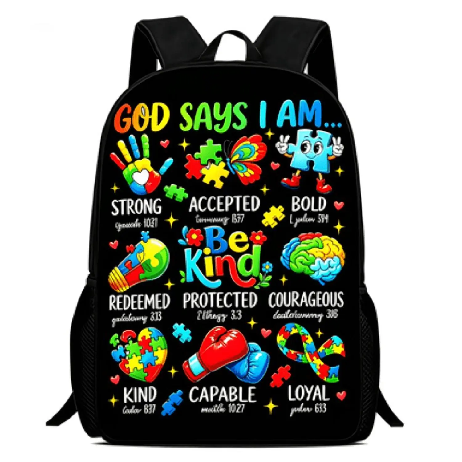 Autism Awareness Backpack Suitable for & - Large-Capacity Bookbag with Puzzle Print & "God Said I Am" "Please Be Kind", Nylon for, Daily Use - Autism Gear, 2D Flat