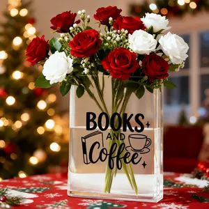 1pc Clear Acrylic Book Flower Vase & Bookend - Bohemian Rectangular Bookshelf Vase with "Books & Coffee" Label-Like Design Shelf Decor for Home Office Library - Book Lover Gift Christmas/Valentine's Present
