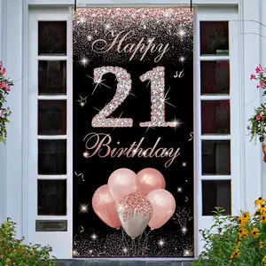 Happy 21st Birthday Door Backdrop Banner Rose , 21st Birthday Decorations for Her, 21 Year Bday Party Photo Booth Props Yard Sign Background Decor Supplies for Women, Fabric