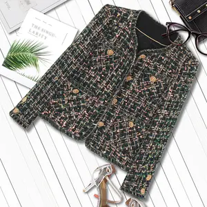 DS Unique Design Lady's Fitted Green Woolen Plaid Coat - Autumn Winter Style, Elegant Round Neck Long-Sleeve Blouse-Inspired Fabric Top, Women's Clothes Jackets & Coats