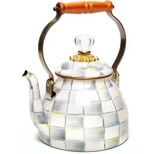 Enamel Tea Kettle, Stylish Tea Kettle for Stovetop, Grey-and-White Sterling Check, 2 Quarts