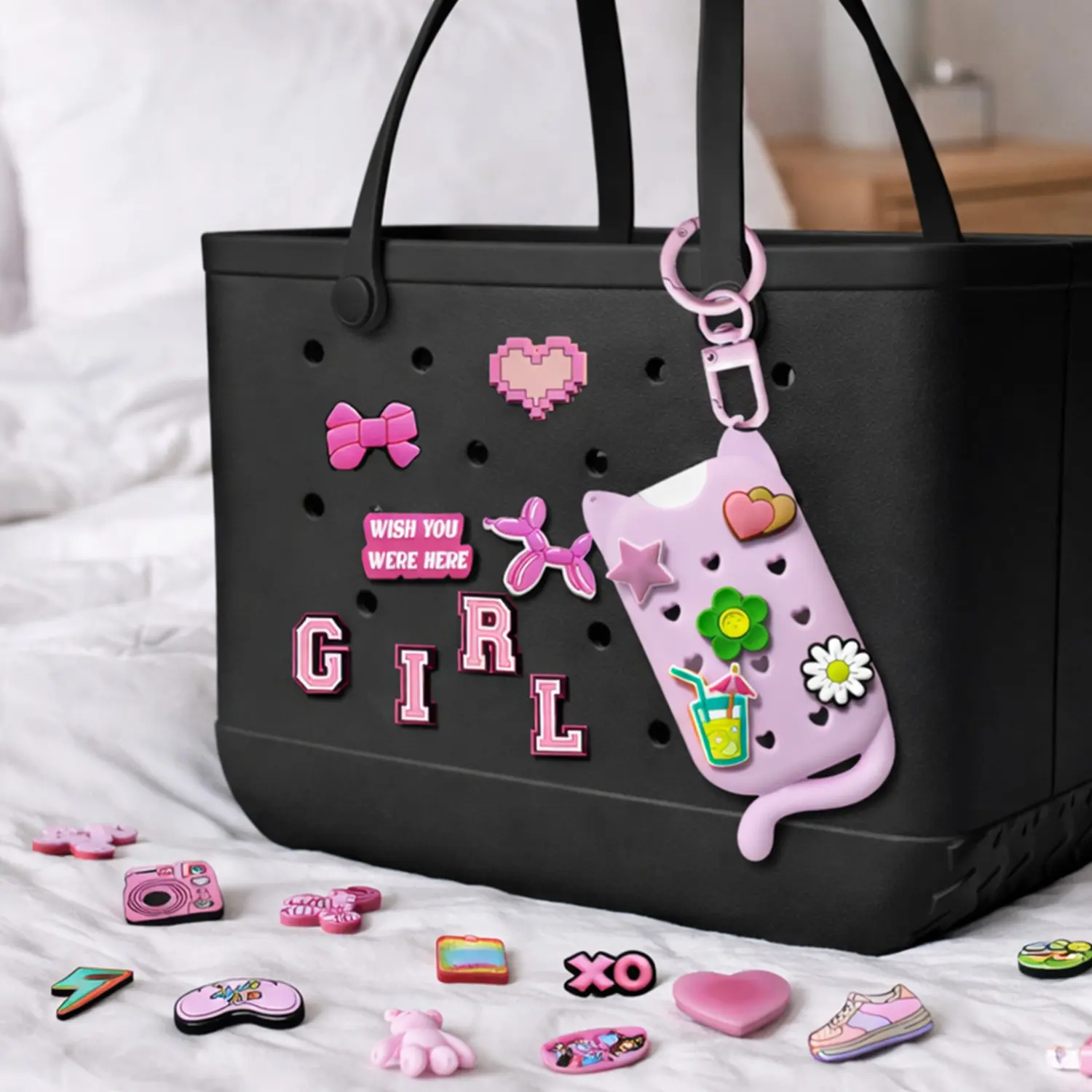 Cute Cat Portable Silicone Travel Size Touchland Sanitizer Spray Case - Unisex, All Seasons, with Keychain & Lanyard, Includes DIY Charms, Compatible with 1 FL Oz/30ML Power Mist & Glow Mist Travel Cover Sleeve