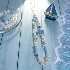 Summer Fresh Ocean Wind Mobile Phone Lanyard, Transparent Bead Blue Fish Pendant CCD Camera Lanyard, Cell Phone Charm