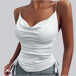 Wiyuqeen Solid Spaghetti Strap Camisoles Women Soft Tredny Side Drawstring Ruched Tank Tops Elegant Cowl Neck Cami Tops Fitted Y2K Going Out Crop Tops