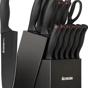 Knife Set, Astercook 15 Pieces Knife Sets for Kitchen with Block, Dishwasher Safe Kitchen Knife Set with Built in Sharpener Block, German Stainless Steel Knife Block Set, Valentine's Gift
