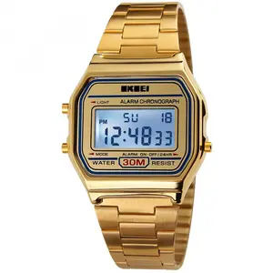 Men's Digital Outdoors Gold Stainless Steel Watch Backlit Multifunction Stopwatch Waterproof Sport watches