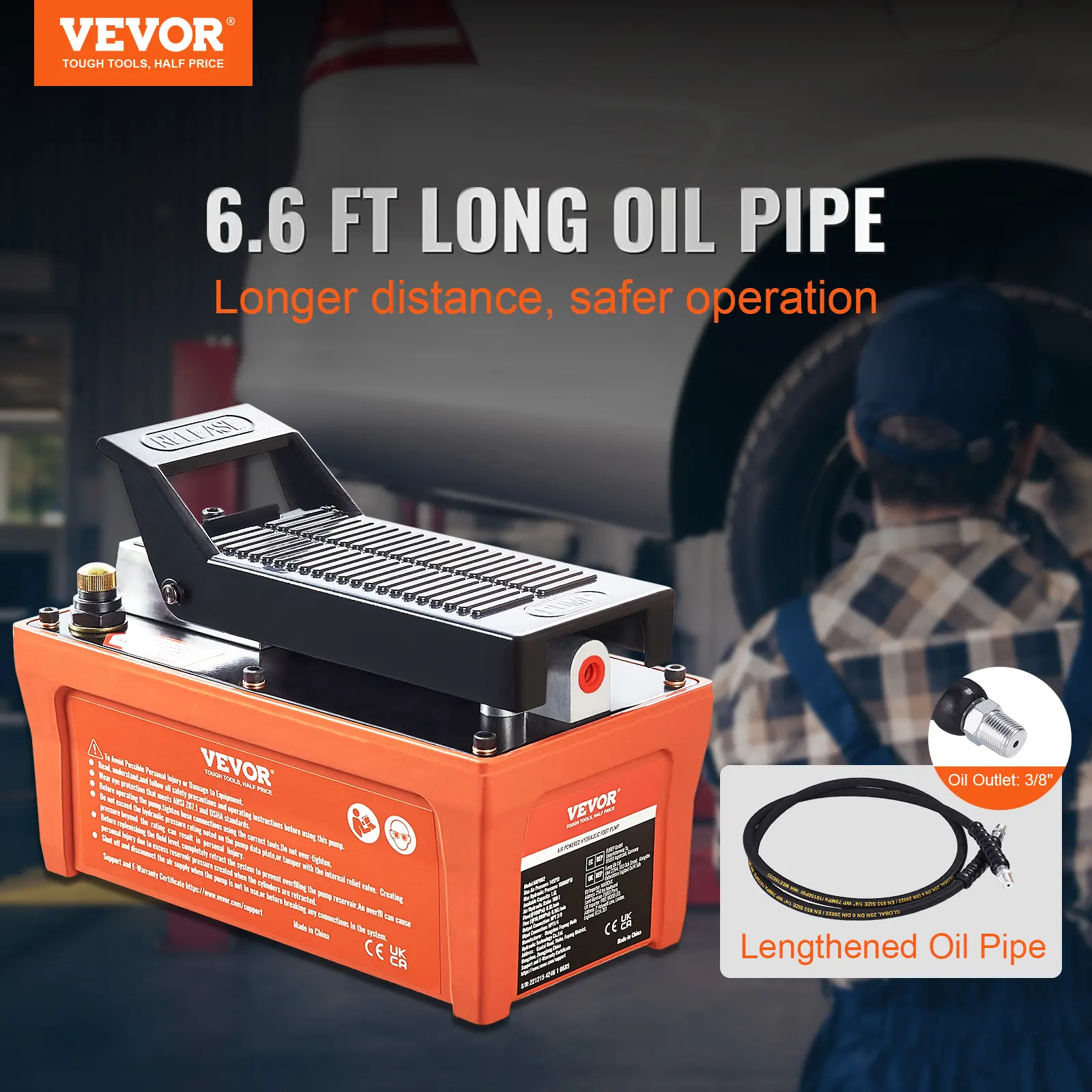 【summerfinds】VEVOR Air Hydraulic Pump, 10,000 PSI 1/2 Gal Reservoir, NPT 3/8" Oil Outlet, NPT 1/4" Inlet, 6.6 ft Pipe, Foot Actuated Hydraulic Pump Air Treadle for Auto Body Frame Machines and Pulling Post, Orange