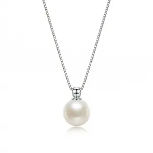 925 Silver Plated White Copper Sliding Pearl Pendant Necklace for Women Box Chain Adjustable Length 42cm 16.5 Inches with Extender