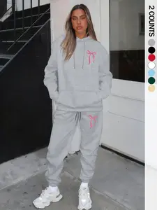 Women's Fashionable Loose-Fit Hooded Sweatshirt Set, Bow Print Design, Comfortable Casual Wear, Perfect for Daily