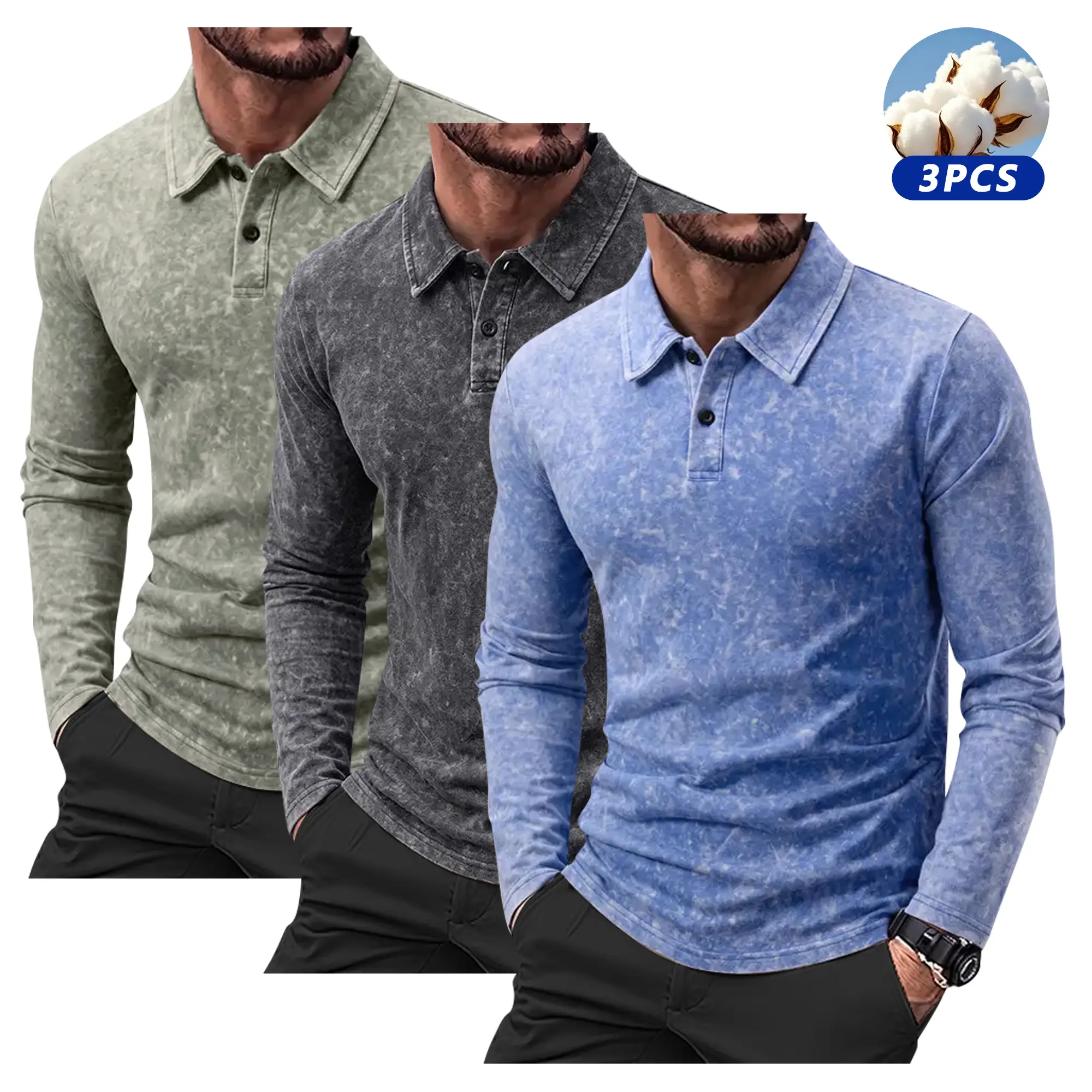 3-pack of new spring  autumn acid-washed cotton long-sleeved T-shirts for men polo shirts plain smooth-finish American vintage-style casual sportswear regular oversized versatile tops men’s base layers
