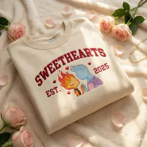 Embroidered Element Sweetheart Couple Sweatshirt, Valentine Couple Sweater, Fire and Water Love Crewneck