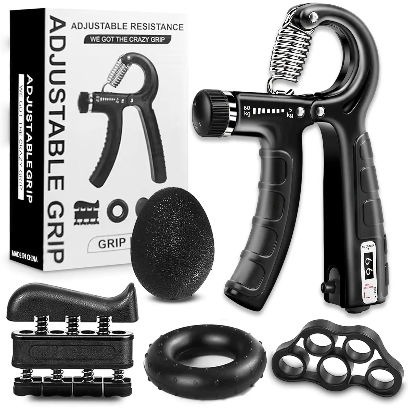 Hand Grip Strengthener Kit Adjustable Finger Forearm Hand Exerciser | Adjustable Grip Trainer, Finger Stretcher & Stress Ball Set for Strength Training & Hand Exercises
