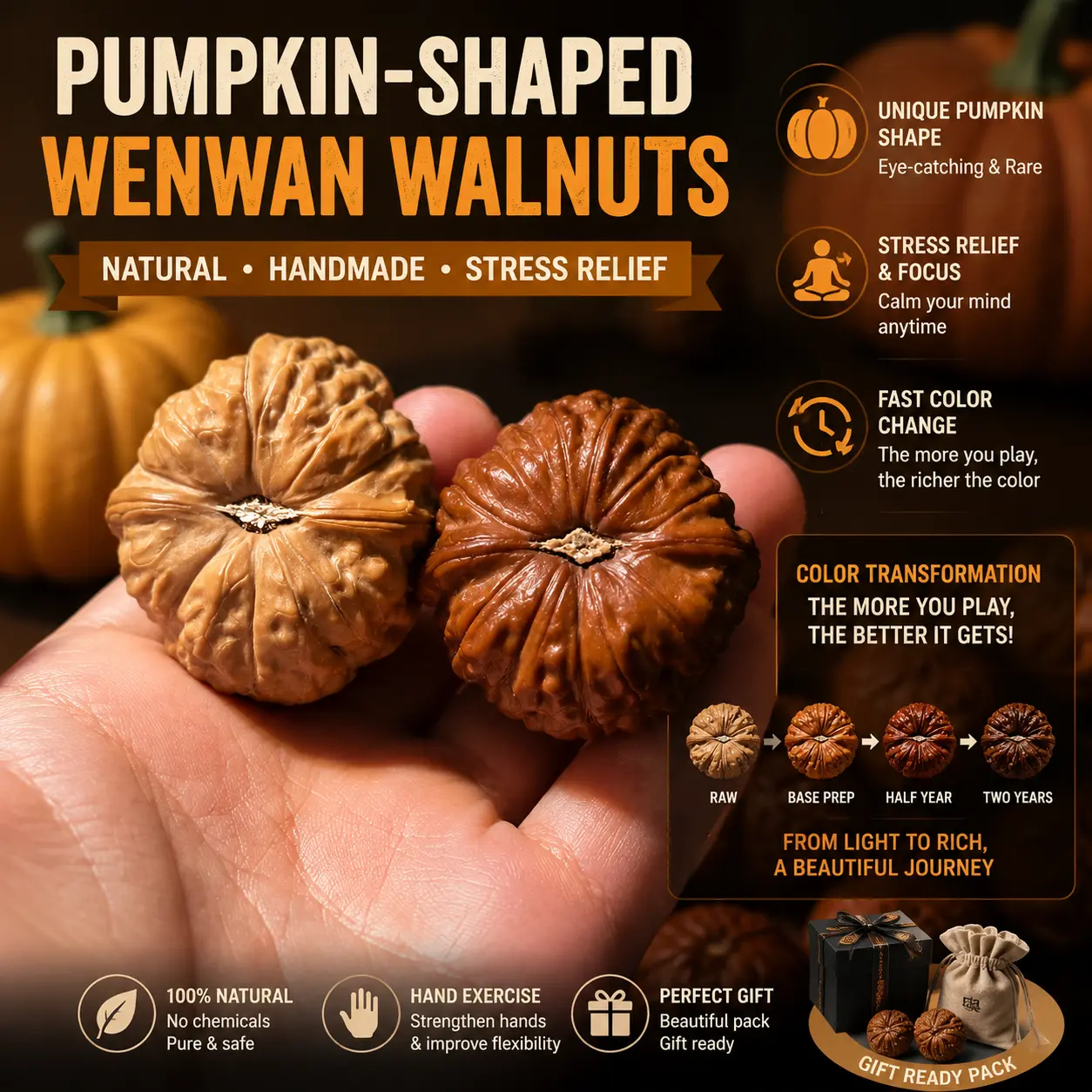 Pocket-sized stress fidget toy Chinese Pokemon Walnuts of Pumpkin Walnut Gift Pack,Pocket-sized stress fidget toy Replace mindless phone scrolling Rolling walnuts builds focus & patience